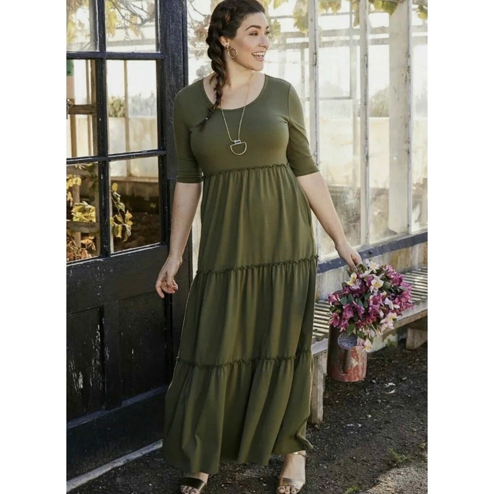 Matilda Jane Brand New Day Tiered Maxi Dress Medium Olive Green‎ Short Sleeve